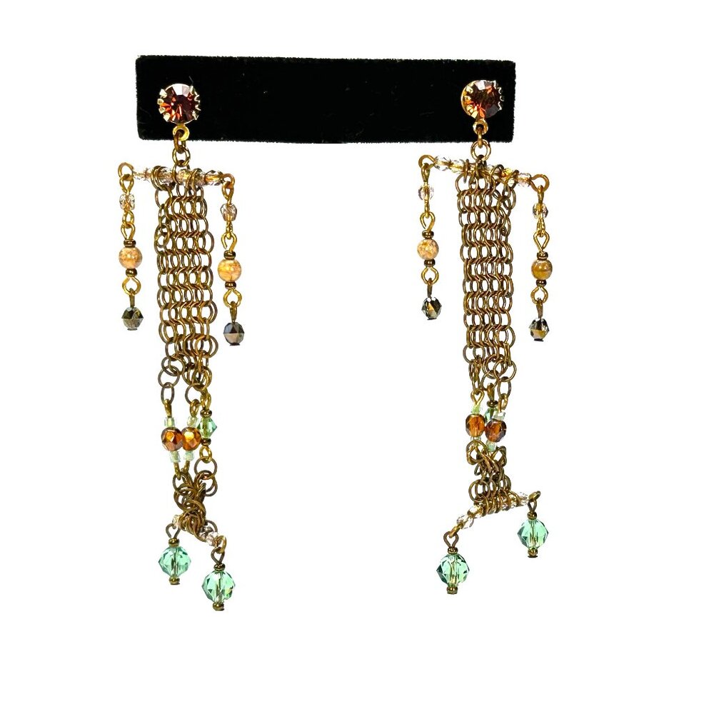 Vintage 90s Erickson Beamon Chainmail Drop Earrings—Brass & Crystal Cascade—EUC